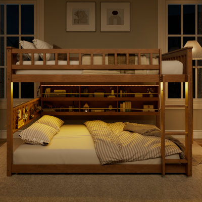 Full over Full Kids Bunk Bed with Shelving, Drawers, Mini Wardrobe, Color-Changing LED Lights and Pegboard, Solid Wood & MDF, Brown