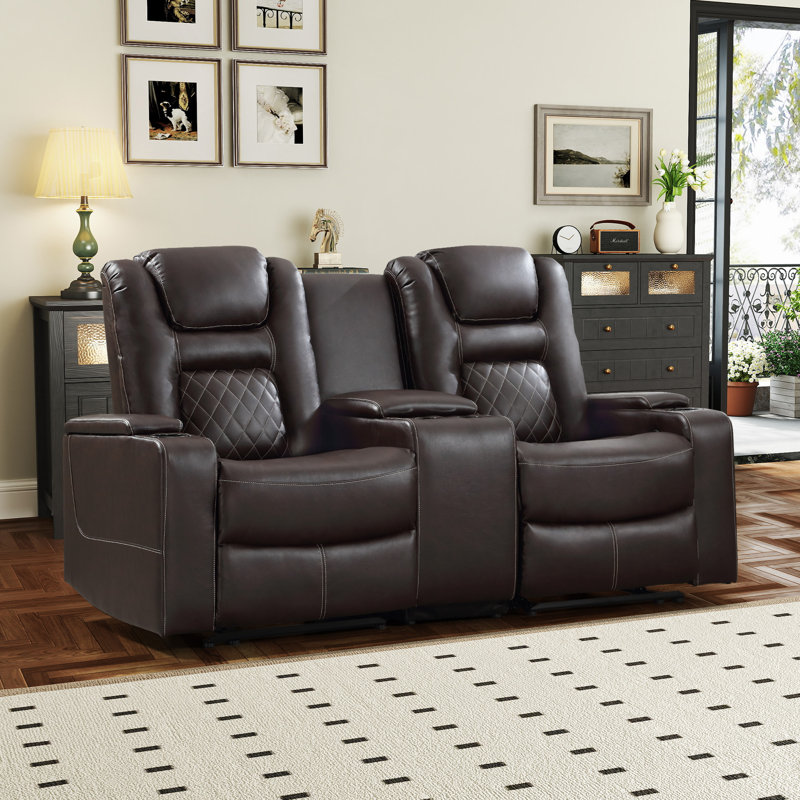 Almida 2-Pieces Classic Premium Vegan Leather Power Living Room Set With USB Port & Cup Holders & Console, Brown