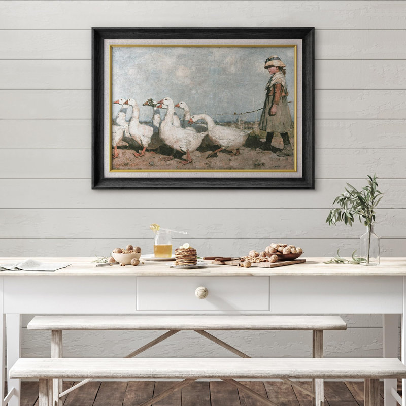 Little Girl Goose Flock Animals, impression sur papier, Cadre noir, Pas de tapis