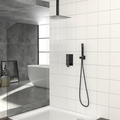 Matte Black 10 Inch Square Ceiling Mount Dual Shower Head System With - Scald Feature, Easy Cleaning, And Handheld For Different Needs 360 Adjustable Head, Included