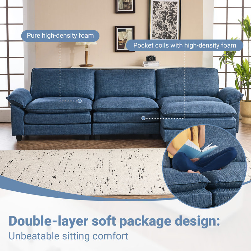 Avrilynn Upholstered Cloud Sofa&Couch with Ottoman, Blue Polyester, 120"W x 32.3"D x 33.5"H (3-Seat)