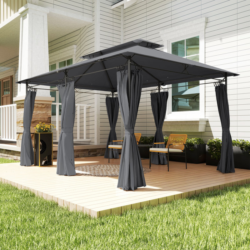 Pavillon de jardin à double toit avec rideaux, gris
