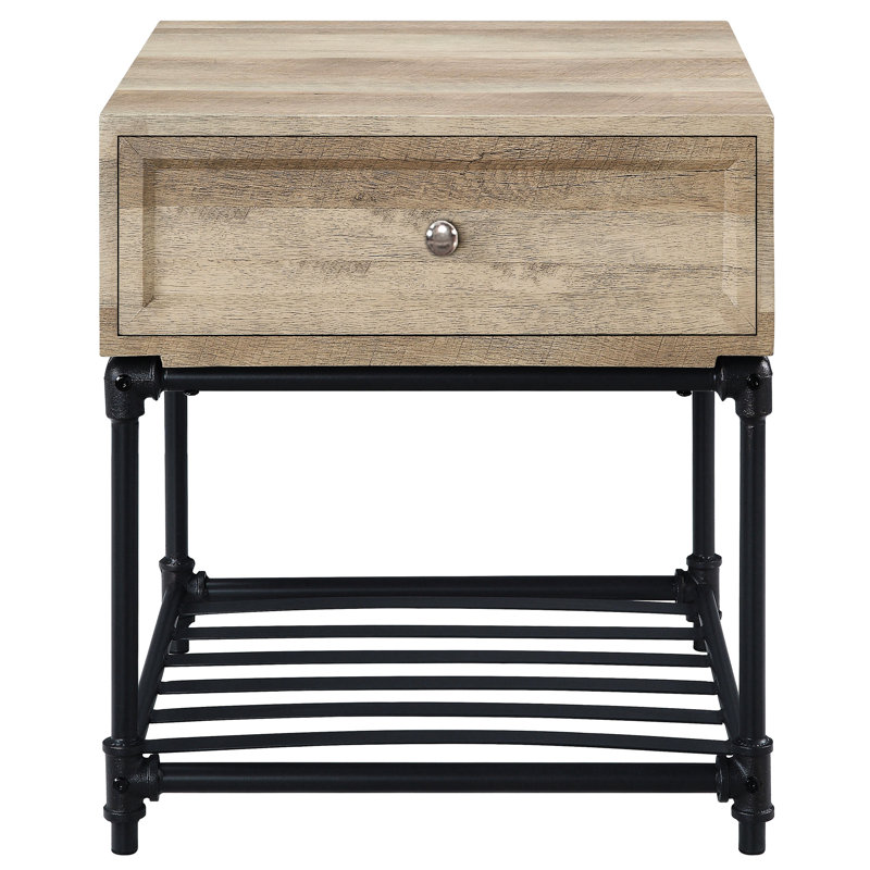 Table de bout avec rangement de style industriel, couleur sable et chêne