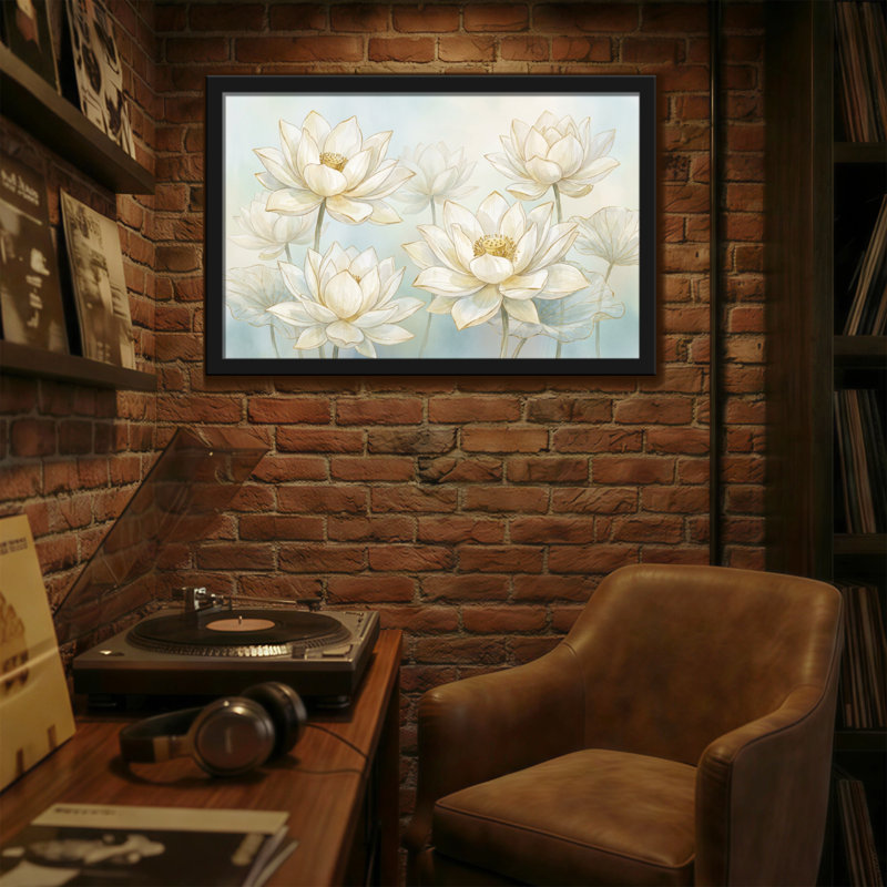 Plantes et fleurs de lotus blanches sur fond bleu pâle, H 20 po x l 30 po