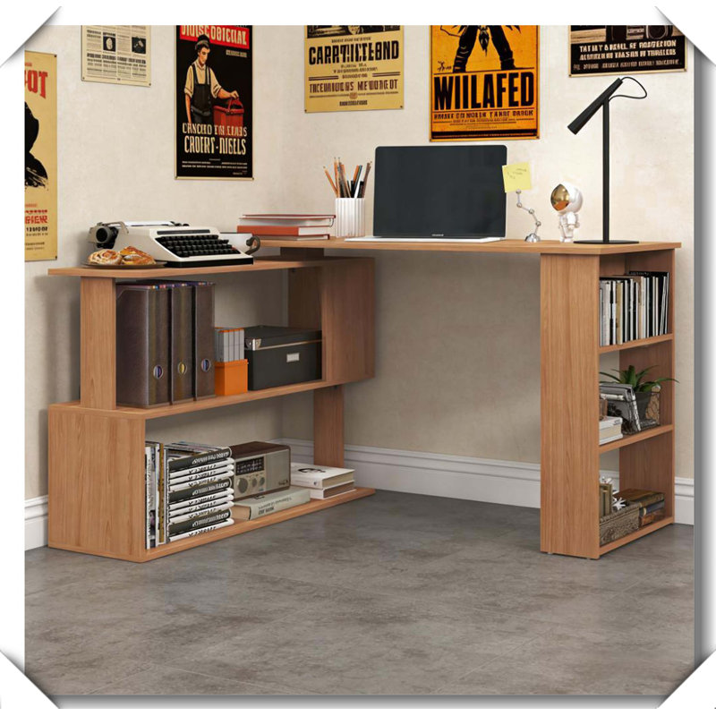 L Shaped Desk 360° Rotating Space Saving Minimalist Design, Teak