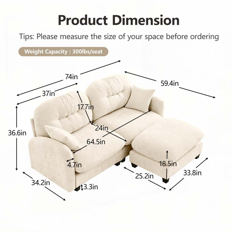 Canapé modulaire en chenille 2 places avec 2 coussins et repose-pieds, 2, Beige, H 36,6 po x l 74 po x P 934 po