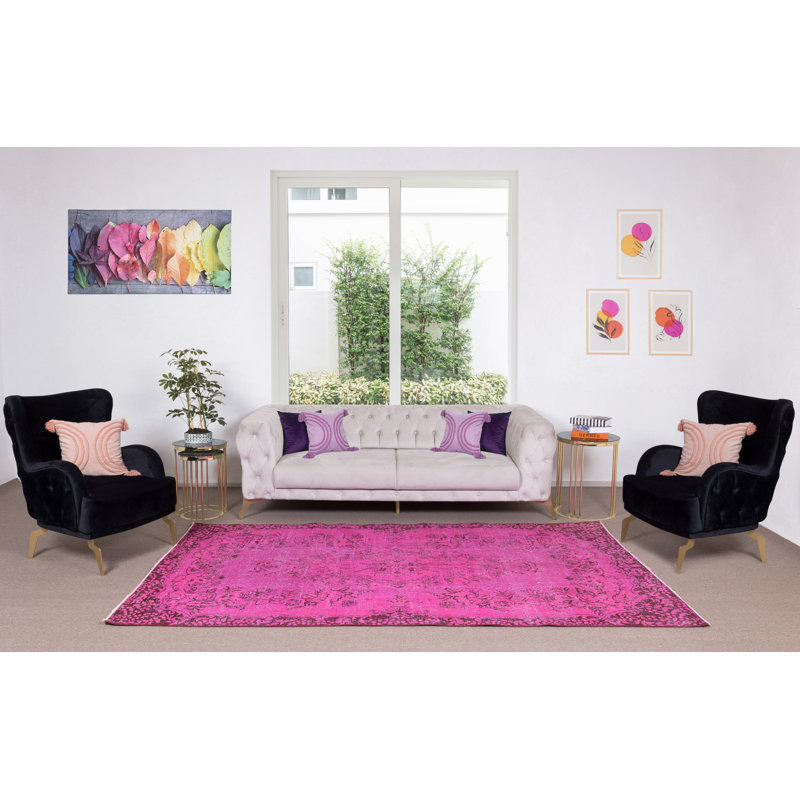 Tapis turc moderne fait à la main de 5,6 x 9,8 pi avec motif de médaillon rose surteint