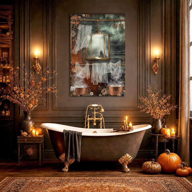 Baignoires en cuivre et linge suspendu dans une toile murale steampunk d'Halloween, 48"H x 36"W