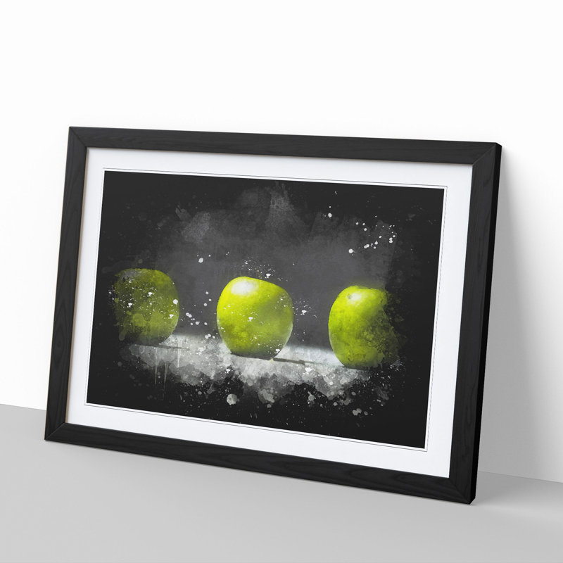 Row of Green Apples Paint Splash - Picture Frame Graphic Art, 65cm H x 90cm W x 2cm D, Black Framed