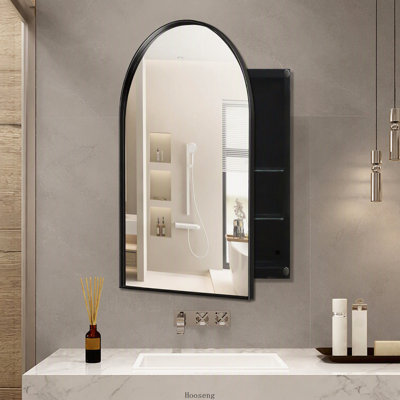Armoire à pharmacie encastrée cintrée de 61 x 91 cm avec miroir et étagères réglables, noir mat