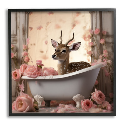 Fawn in Rose Filled Tub Single Picture Frame Print on Canvas