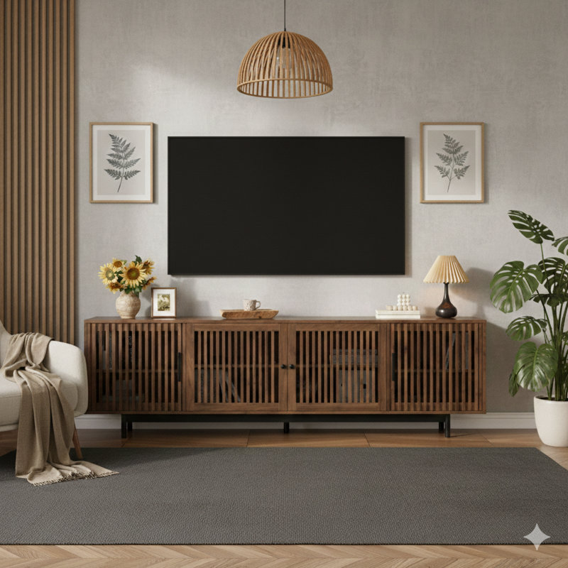 Meuble télé moderne de 78 po pour téléviseur de 85 po ou moins, centre de divertissement avec rangement fermé et gestion des câbles, charnières à fermeture en douceur, pieds en bois massif pour le salon