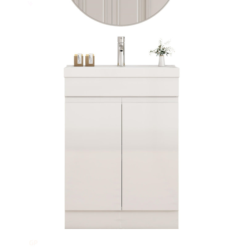 Ensemble de meuble-lavabo 24 po avec lavabo, meuble 2 portes, avec tablette, conception sans poignée, lavabo en céramique à bordure épaisse unique, charnière à système de fermeture en douceur, assemblage facile, blanc brillant