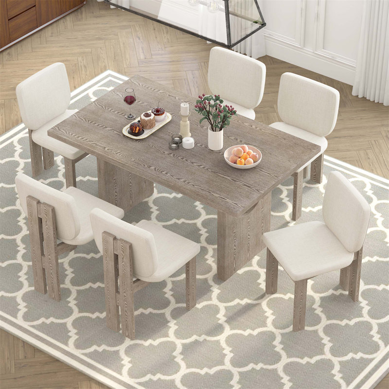 Ensemble de salle à manger rétro 7 pièces avec table rectangulaire avec base en tréteaux et 6 chaises rembourrées pour des espaces de salle à manger élégants