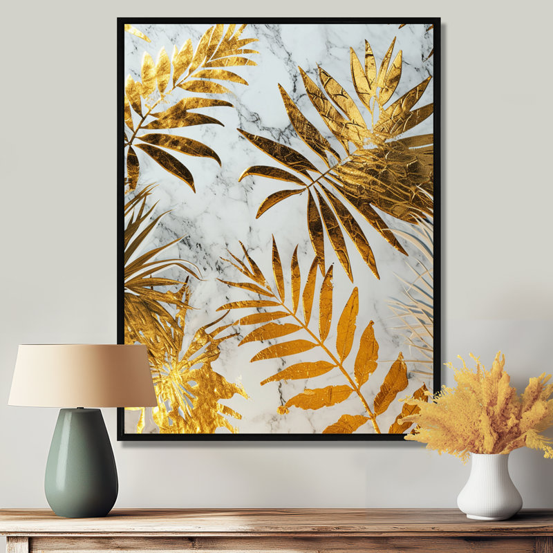 Glam Botanical On White - feuilles, art mural, salon, Toile avec cadre flottant noir, H 32 po x l 16 po x P 1 po