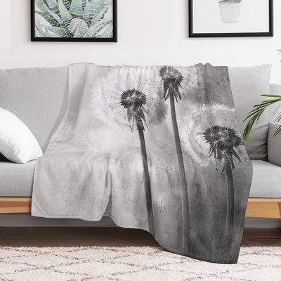 Three Dandelions Against Grey Sky Luxury Flannel Throw Blanket, Soft Warm Fuzzy Blanket for Living Room Sofa Bed Home Decor