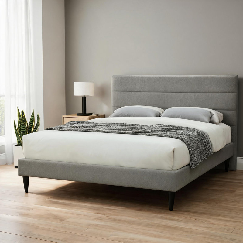 Cool Gray King Size Upholstered Platform Bed with Channel Design Headboard, USB Charging and Bed-in-a-Box Packaging