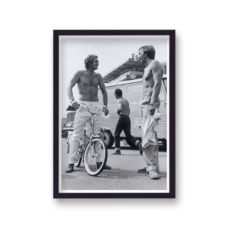 Steve Mcqueen Shirtless On Bicycle On Set Talking To Colleague - Single Picture Frame Print