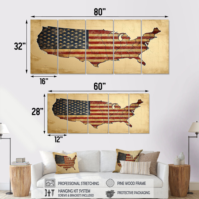 Brianna - Patriotiste américain, art mural moderne, 5 pièces, H 28 po x l 60 po