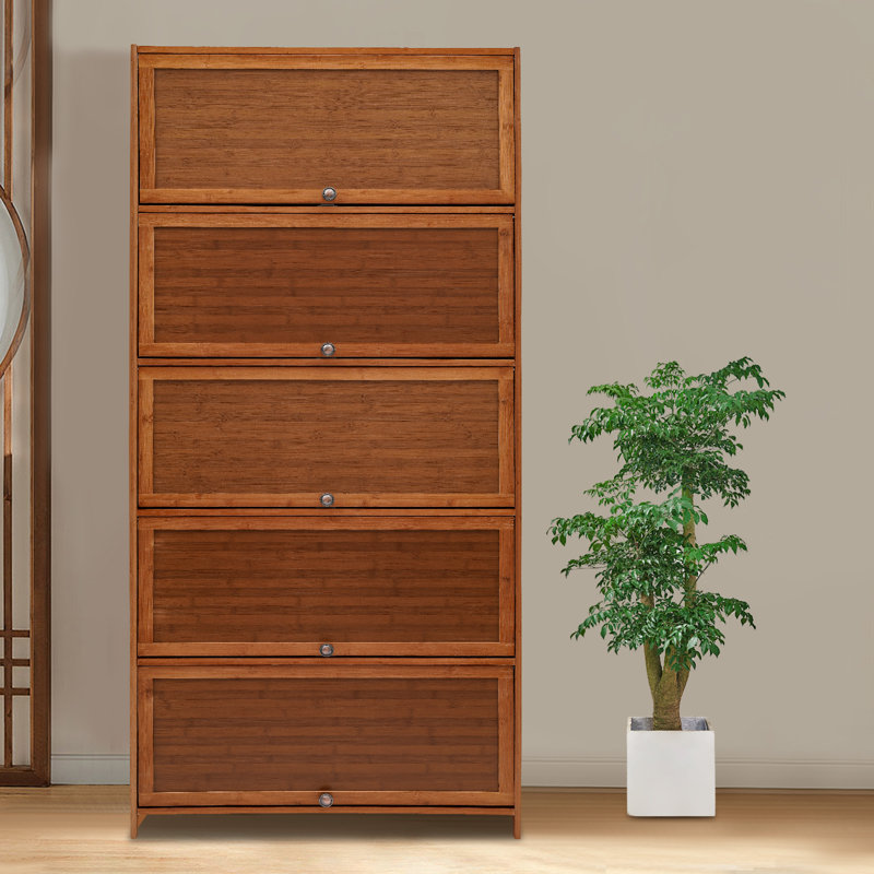 Armoire à chaussures rectangulaire autoportante en bambou à 10 couches avec portes, Brun
