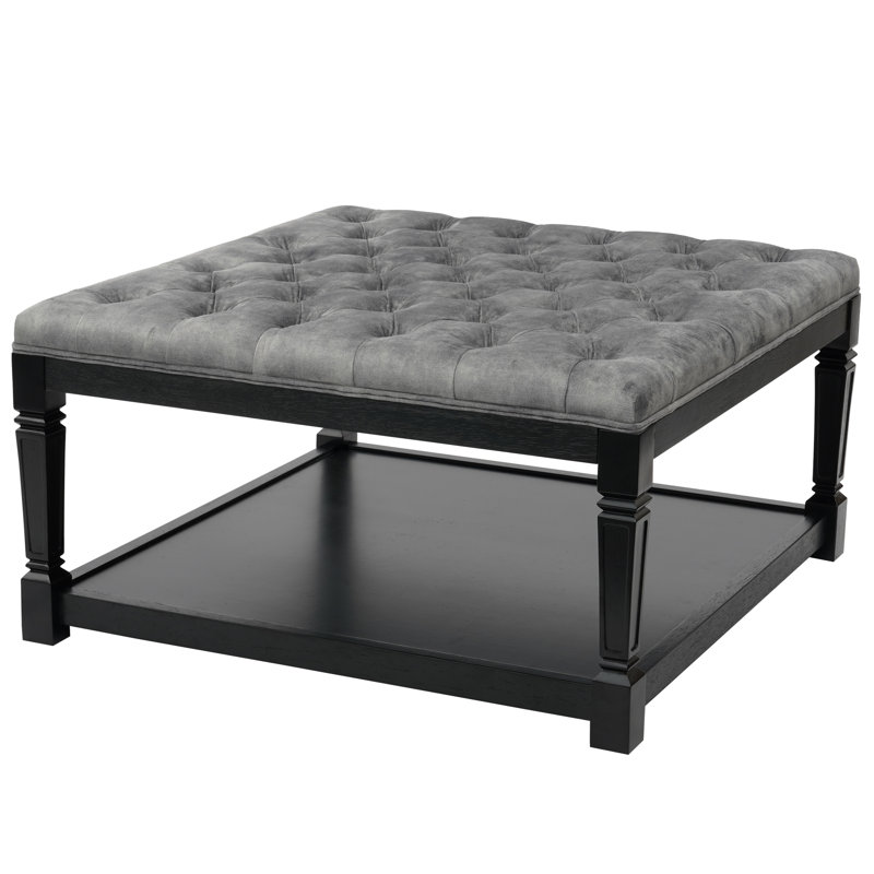 35" Square Velvet Tufted Cocktail Ottoman Coffee Table - Upholstered Storage Ottoman, Grey