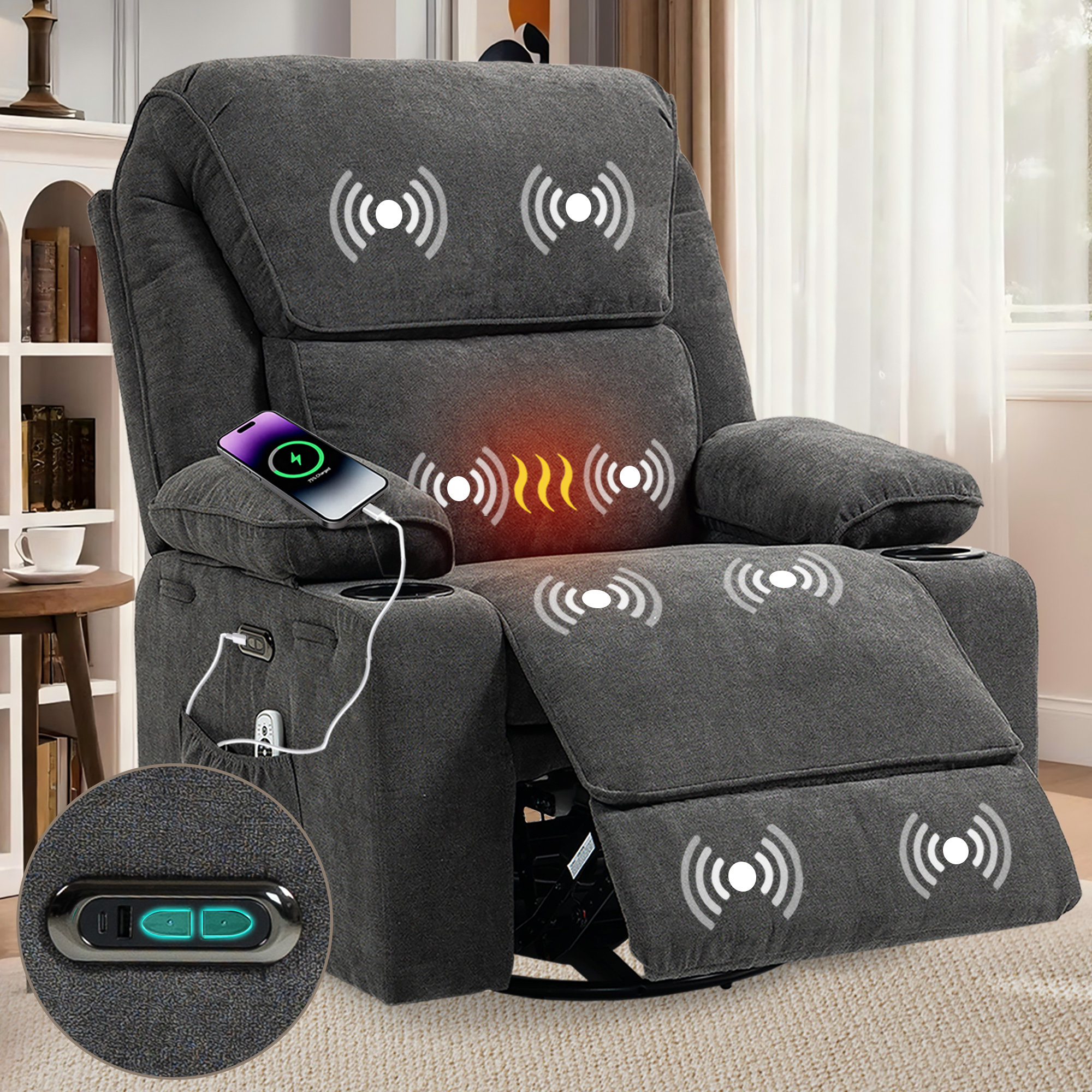 Heated Rocking Chair Latitude Run® Electric Power Massage Heated Recliner Swivel Rocking ...