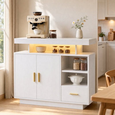 Buffet avec rangement, buffet avec tiroir, prise de courant et éclairage à DEL, blanc
