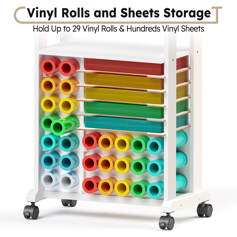 White Rolling Craft Storage Cart with Vinyl Roll Holders and Shelves