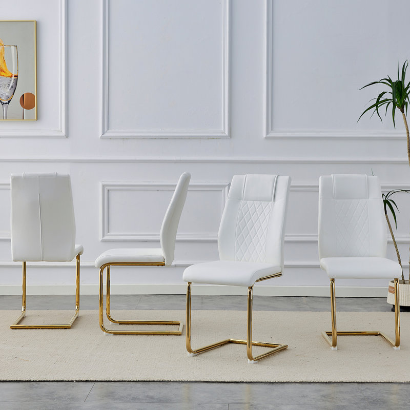 Chaises de salle à manger modernes, chaises de salle à manger et chaises rembourrées à pieds dorés en cuir artificiel, idéales pour les cuisines, les salons, les chambres et les bureaux. Ensemble de 4 pièces (blanc + polyuréthane) C-001