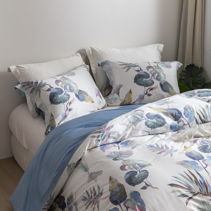 Lunaria Hannwacker 100% Long-Staple Cotton Duvet Cover Set – 3 Piece, Palm Leaf Pattern, Ultra-Soft & Breathable