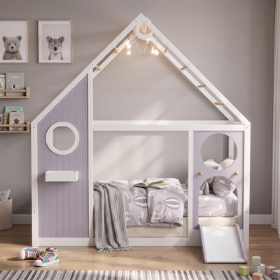 Lit simple avec glissade, bande de lumière sphérique, lit plateforme en bois avec panneau avant, mobilier de chambre amusant - mauve