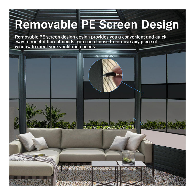 Solarium octogonal 12 po x 12 pi avec abris de jardin pour l'extérieur avec porte coulissante verrouillable, écran d'ordinateur mobile, toit incliné en acier galvanisé