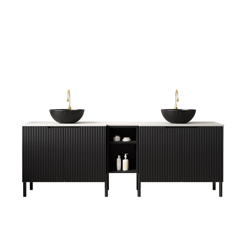 Meuble-lavabo double autoportant 72 po avec lavabos TURIO, 2 armoires de rangement rayées 30 po + tablette ouverte amovible 12 po, 2 cuves vasques noires en pierre avec comptoir Carrara blanc