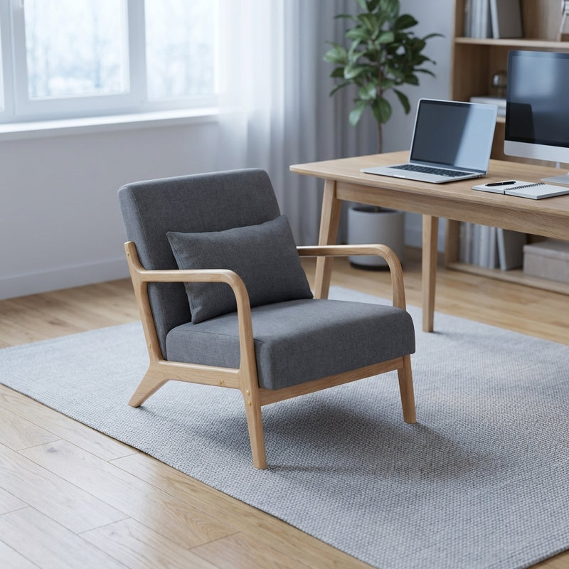 Chaise d'appoint rembourrée de style Mid-Century avec structure en bois massif robuste, fauteuil rembourré confortable avec coussin de soutien de taille amovible