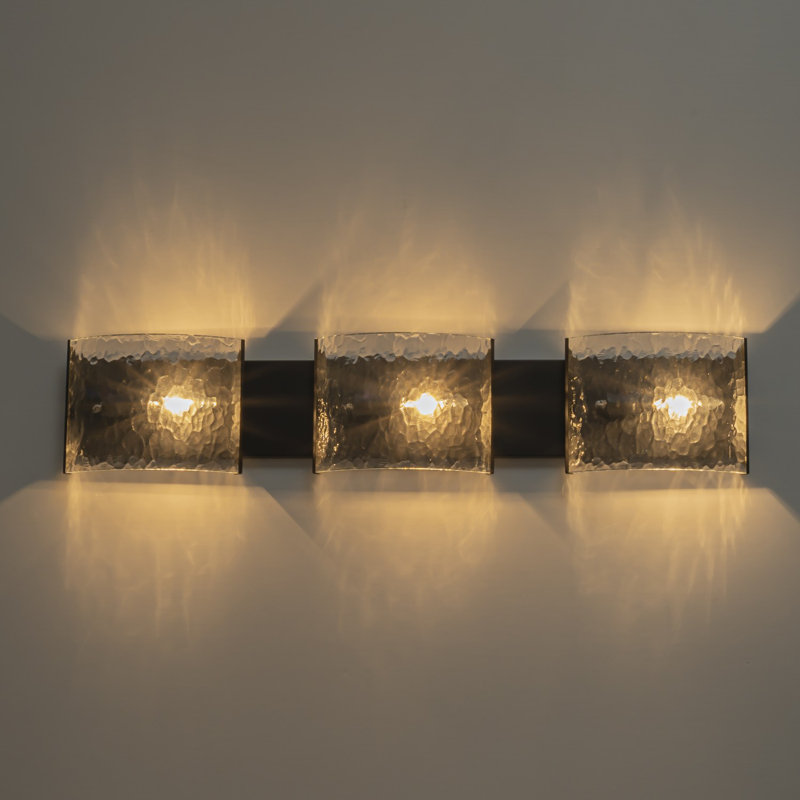 Barre d'éclairage de salle de bain 3 lumières à intensité variable en verre martelé, Noir mat
