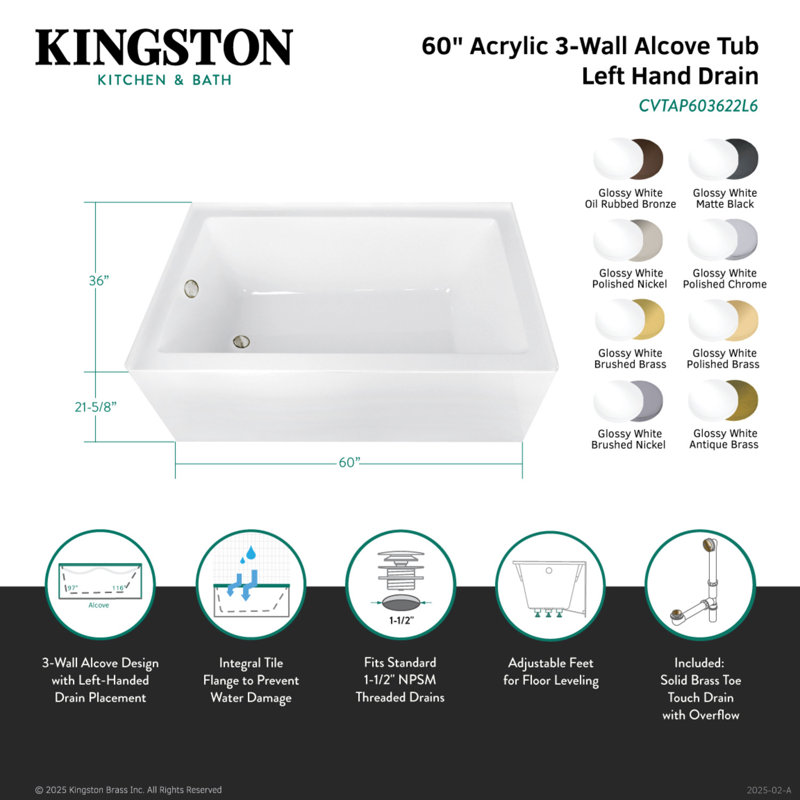 Kingston Brass Aqua Eden 60-Inch Acrylic Rectangular 3-Wall Alcove Tub, Right Hand Drain, Brushed Brass, Right Hand Drain