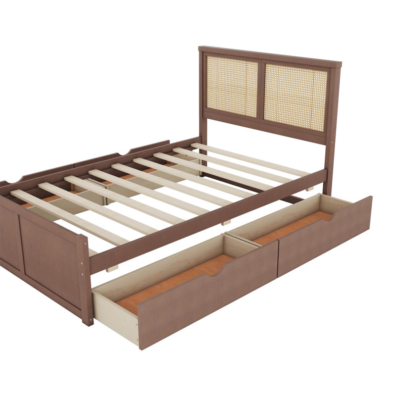 Lit en bois avec rangement et tête de lit à tiroir, Double