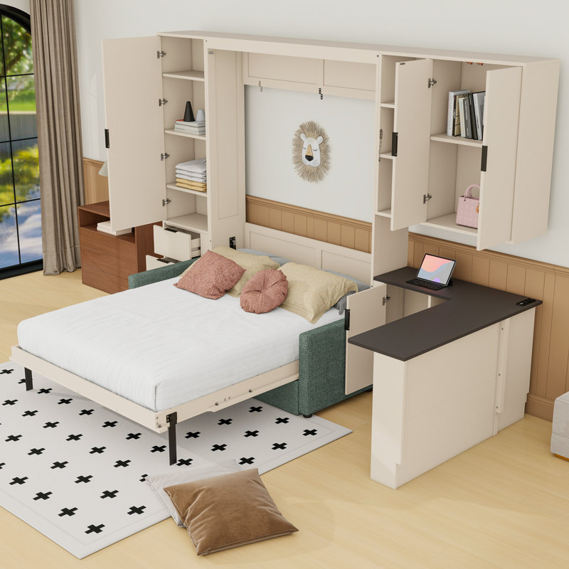 Grand lit escamotable avec canapé, éclairage DEL et ports USB, Crème