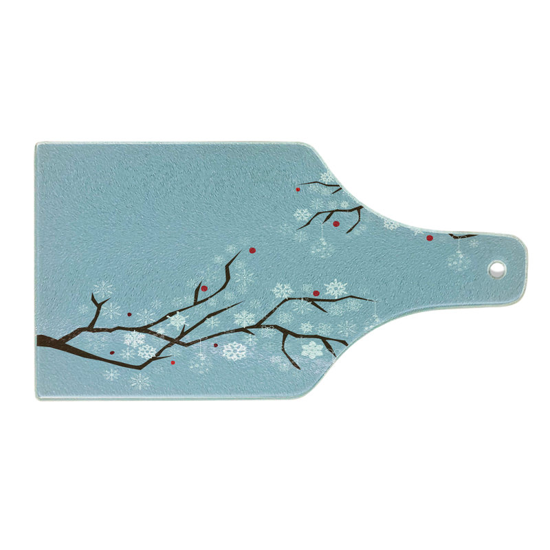 Ambesonne Snowy Trees Tempered Glass Cutting Board Snowflakes on Branches Blue Grey Dark Cocoa