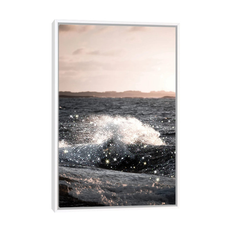 Vague coucher de soleil paillettes-impression d’art graphique, Toile blanche encadrée, Pas de tapis