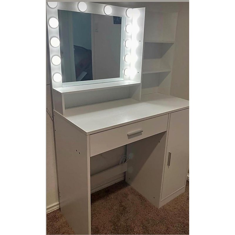 Bureau de coiffeuse avec miroir et lumière, commode de rangement à trois niveaux avec grand tiroir, 3 modes d'éclairage à luminosité réglable, coiffeuse de chambre à coucher (rose)