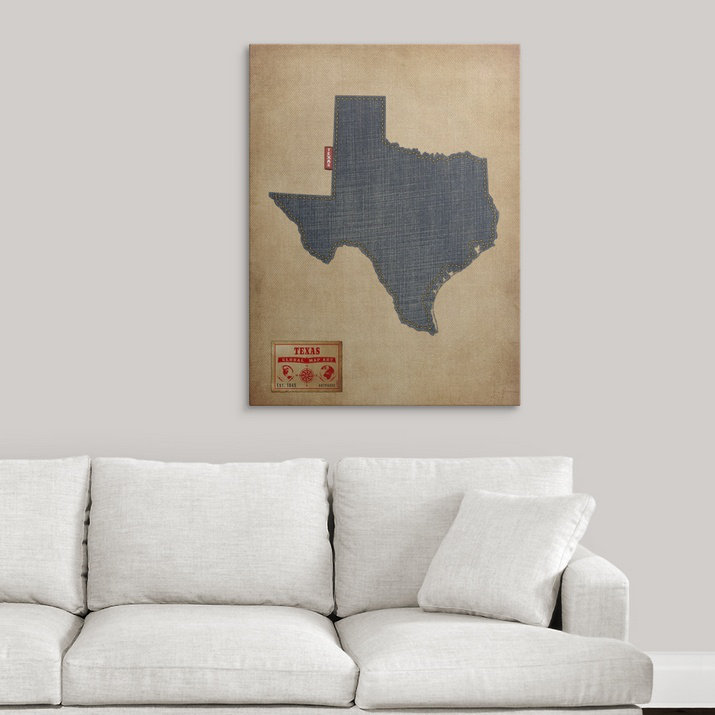 «Texas Map Denim Jeans Style» par Bellen, impression, H 48 po x l 36 po x 1,5 po, Toile