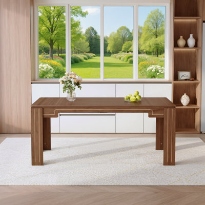 Table de salle à manger en MDF de couleur noyer, avec des pieds encastrés pour une touche de luxe discret, convenant à 6 à 8 personnes et polyvalente pour divers espaces.