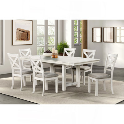 Contemporary 7Pc Dining Set White Oak Table W Leaf 6X Side Chairs Cross Back Cushion Seat Chair