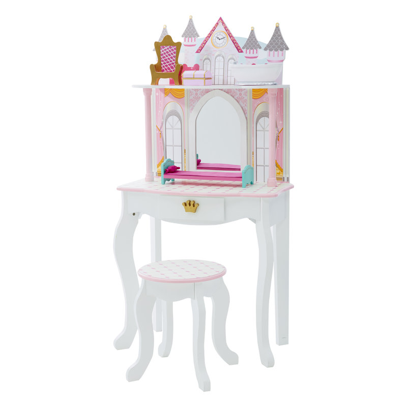 Teamson Kids Dreamland Castle 2 pièces Table de coiffeuse et tabouret avec miroir et accessoires pour poupée, Rose/Blanc