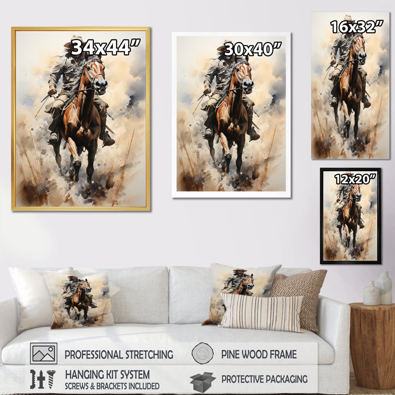 Keili Cowboy Prairie Wind I - Cowboys, art mural, H 32 po x l 16 po, Cadre flottant doré
