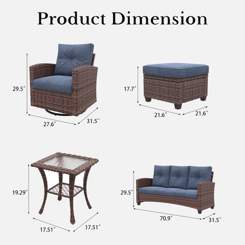 Lark Manor 6 Pieces Patio Furniture Set with Swivel Chairs, Rattan Wicker Rocking Glide Chairs with Ottomans Conversation Set