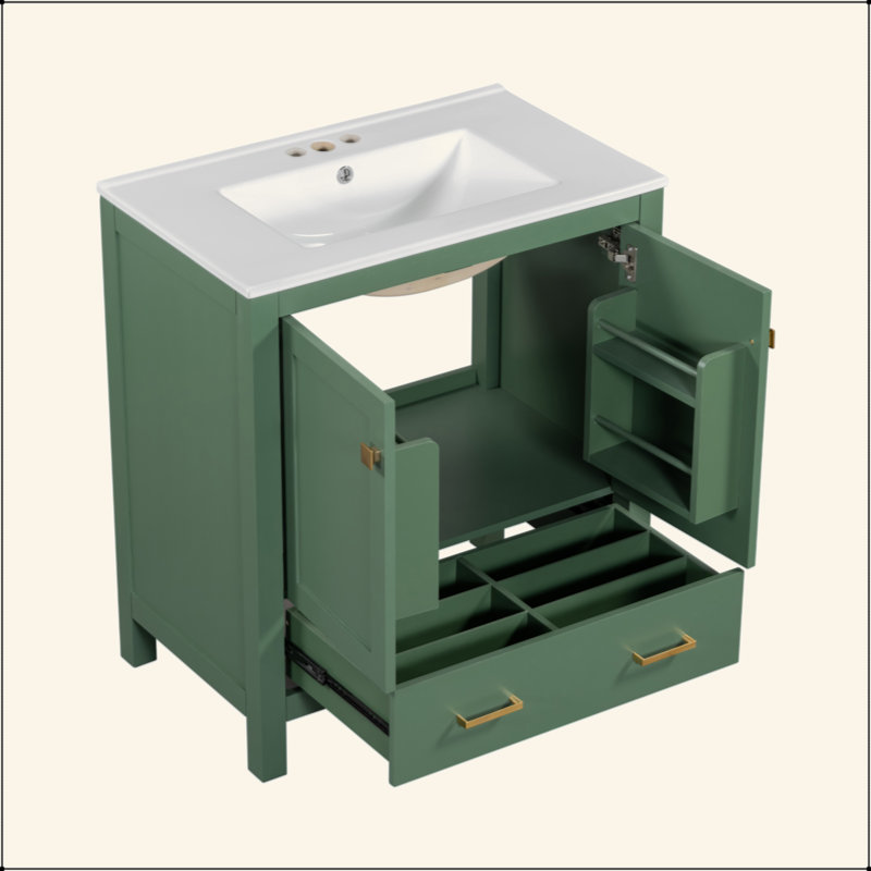 Meuble-lavabo de 30 po avec lavabo simple, lavabo sous le comptoir, armoire de rangement pour la salle de bain avec 2 portes et un tiroir, fermeture en douceur, rangement multifonctionnel