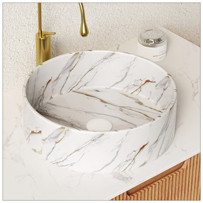 Lavabo vasque rond en céramique de 14 pouces avec motif en pierre, durable et résistant aux taches pour les salles de bain modernes