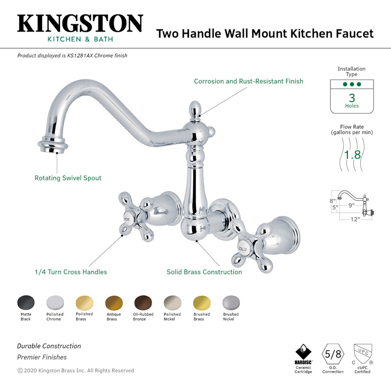 Kingston Brass Heritage Double-Handle 3-Hole Wall-Mount Kitchen Faucet, Matte Black